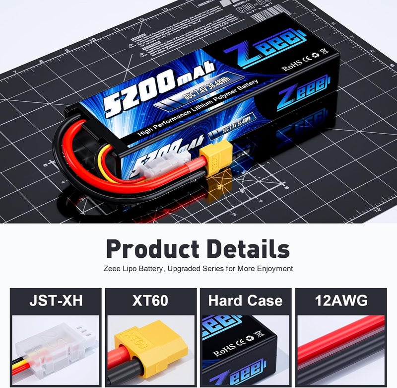 Zeee 2S 5200mAh Lipo Battery 7.4V 80C Battery with XT60 Plug Hard Case for 1/8 1/10 RC Vehicles Car Slash RC Buggy Truggy Airplane UAV Drone(2 Packs) - Image 3